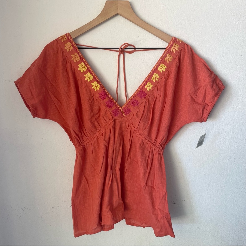 Banjara Coral Floral Embroidered Plunging Neckline Top XS NWT